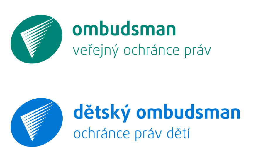logo ombudsmana - křídlo v kolečku a text ombudsman - veřejný ochránce práv a logo dětského ombudsmana - totéž křídlo v kolečku a text dětský ombudsman - ochránce práv dětí